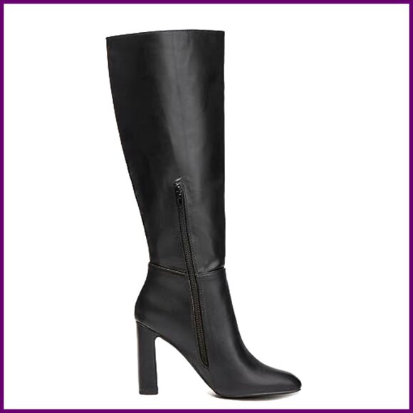 Knee High Boots Chunky Heel Square Toe Leather Zippered Tall Boots - Picture 4 of 7